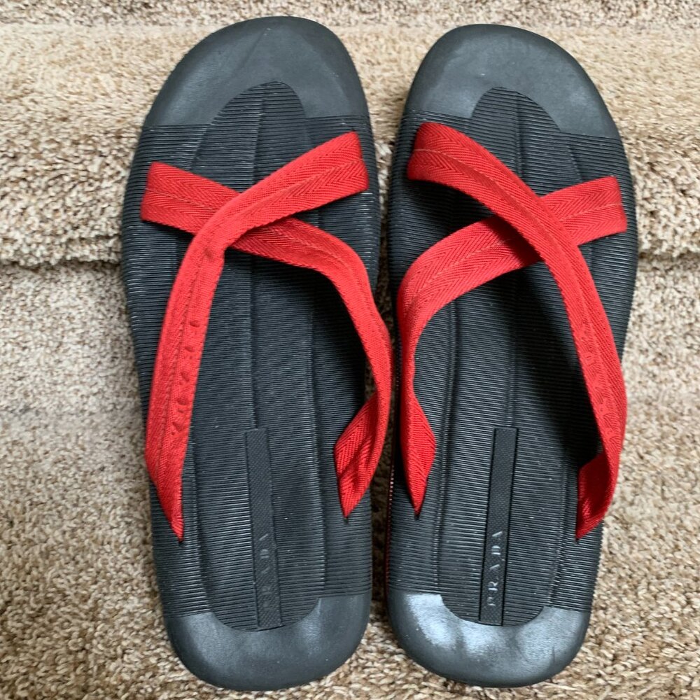 Prada Sport Red Colorblock Pattern Crossover Straps Canvas Slides - Picture 8 of 13